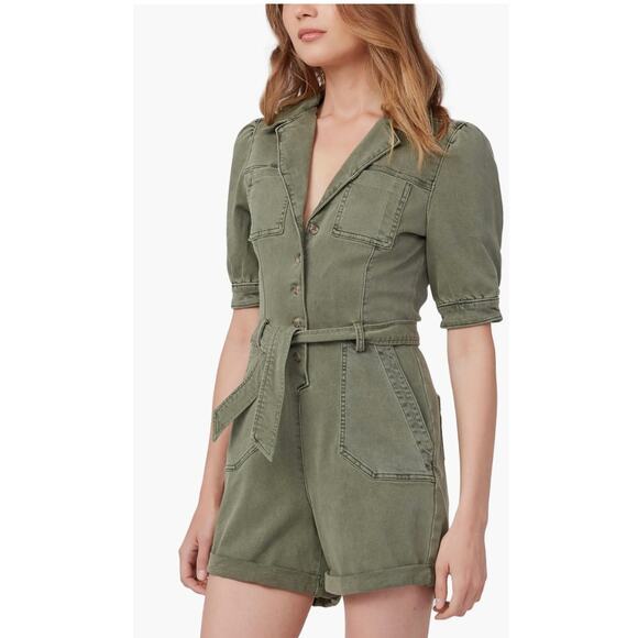 PAIGE Mayslie Twill Puff Sleeve Denim Romper Olive Green Utility NEW Size 4 - Picture 3 of 15